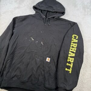 Carhartt Hoodie Mens 2XL Black Logo Sleeve Loose Fit Fleece Pullover Workwear
